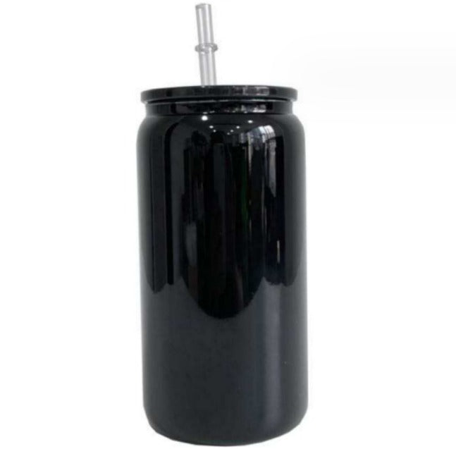 Black 16oz Glass Soda Can (Libby Glass) Black Lid