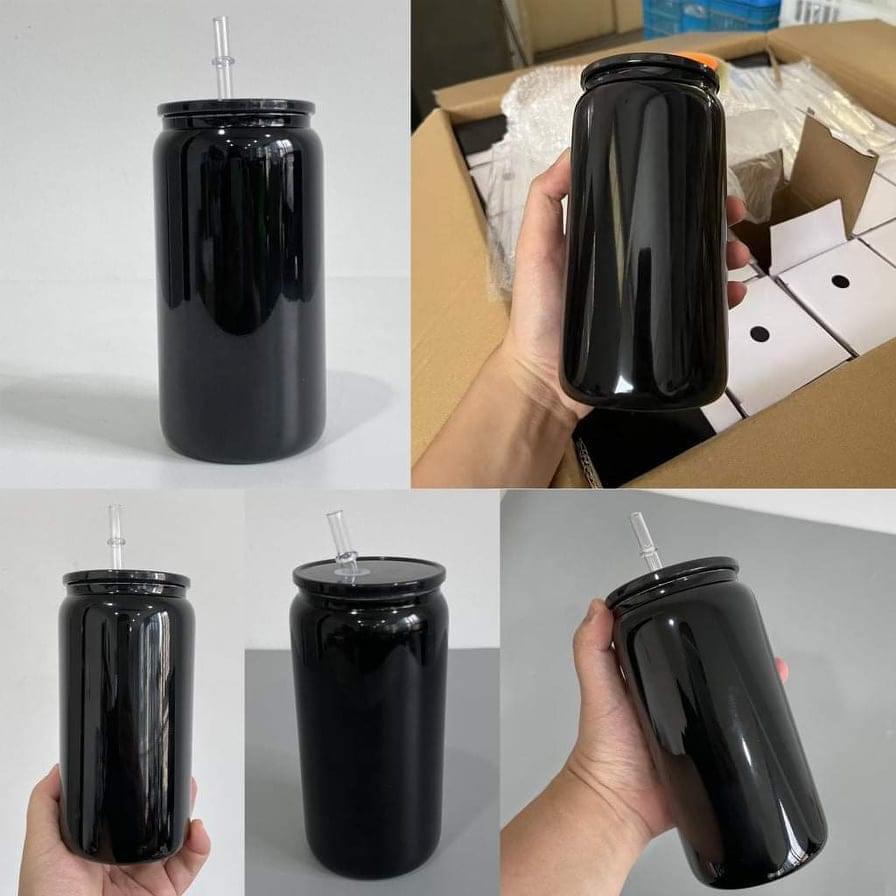 Black 16oz Glass Soda Can (Libby Glass) Black Lid